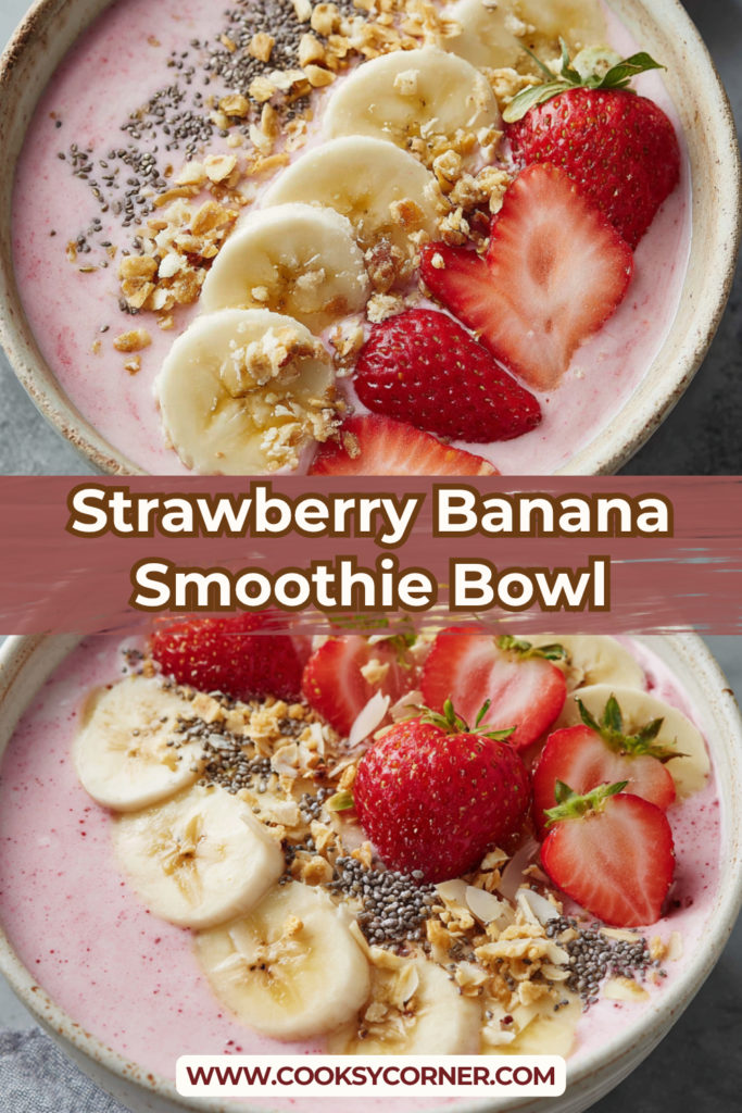A thick strawberry banana smoothie bowl topped with fresh fruit and granola in a ceramic bowl, perfect healthy breakfast.