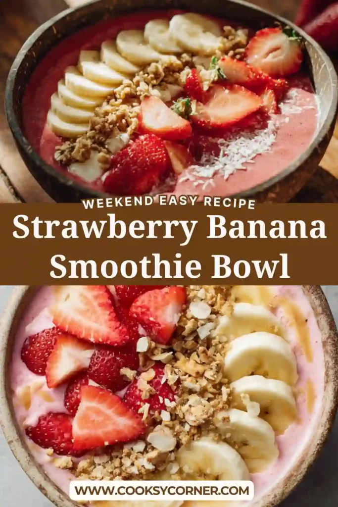 A creamy strawberry banana smoothie bowl topped with fresh fruit and chia seeds in a white bowl. The texture looks thick and refreshing.