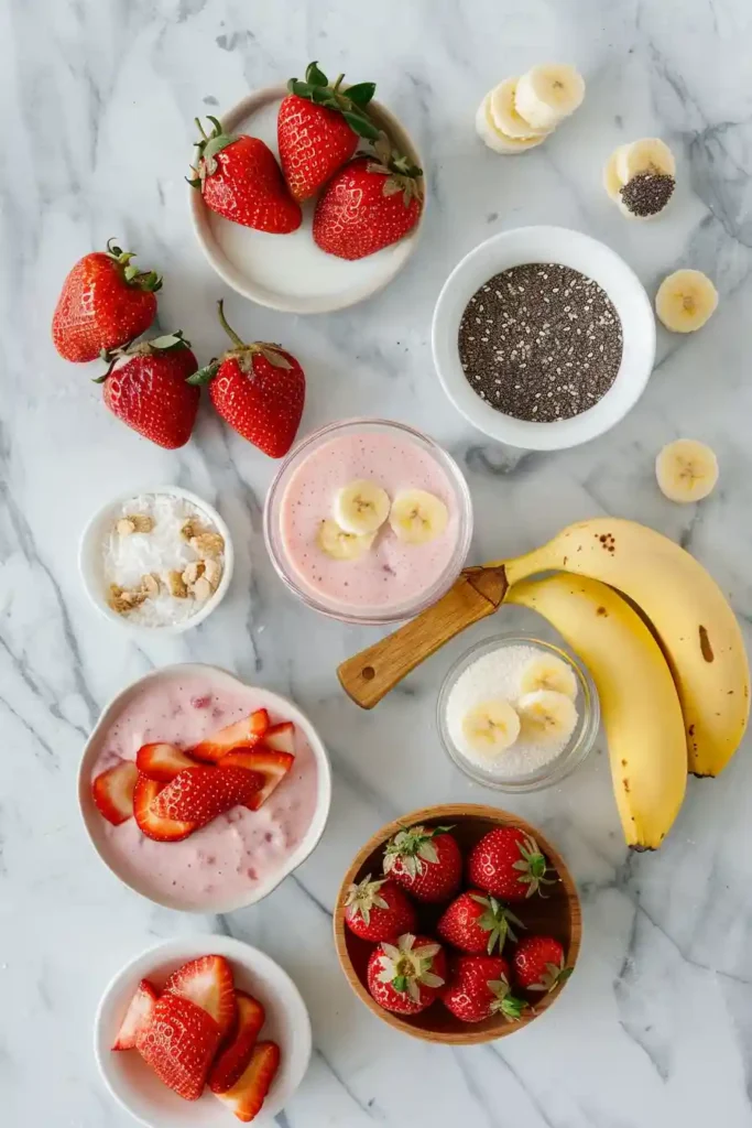 Bright smoothie bowl made with strawberries and bananas, topped with fresh fruit and chia seeds for added texture and nutrition.