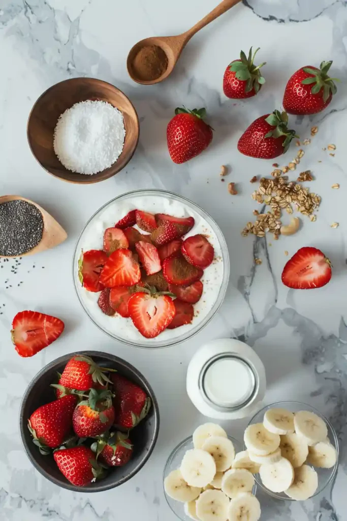 Healthy smoothie bowl made with strawberries and banana, served thick with crunchy toppings.