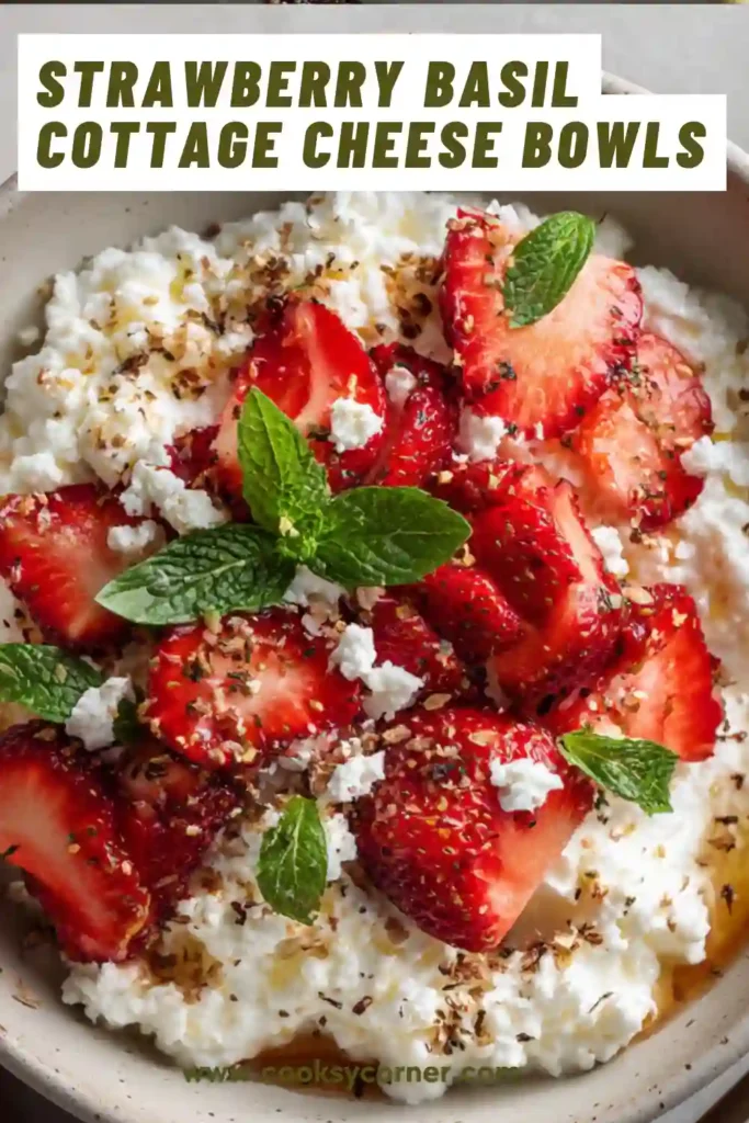 Fresh strawberries mixed with basil served over creamy cottage cheese and sprinkled with nuts. A healthy and easy summer breakfast bowl.