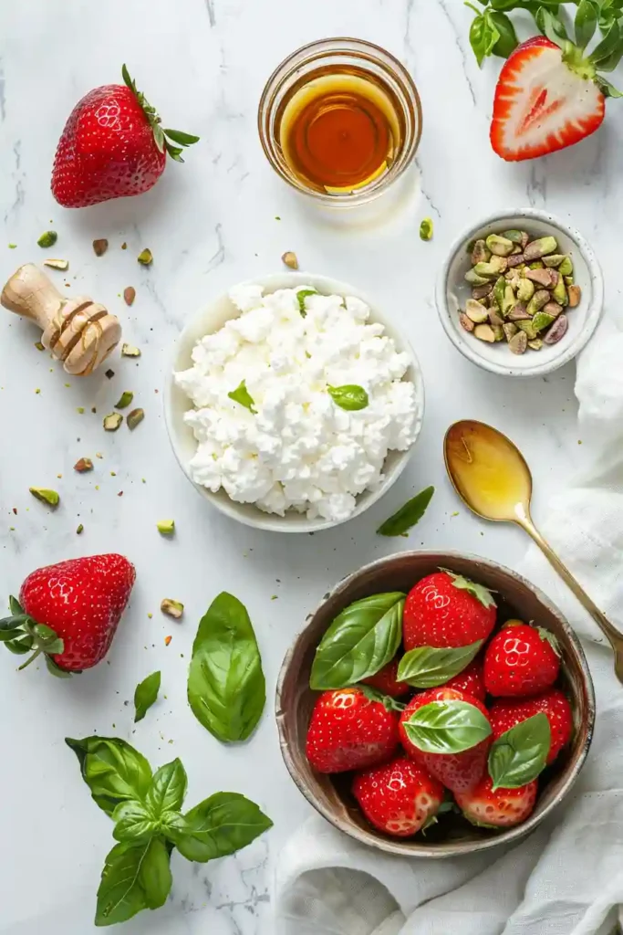 Overhead view of cottage cheese bowls topped with marinated strawberries and pistachios. A simple and nutritious fruit and cheese combination.