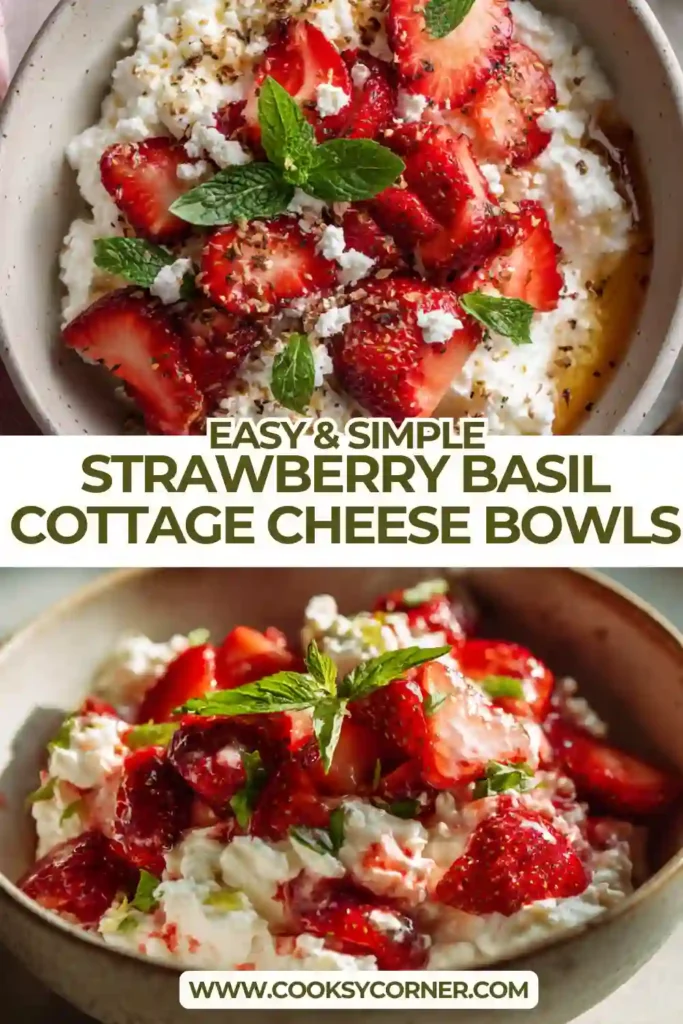 Close-up of strawberry basil cottage cheese bowls with juicy berries and crunchy pistachios. A high-protein breakfast idea with bright colors.