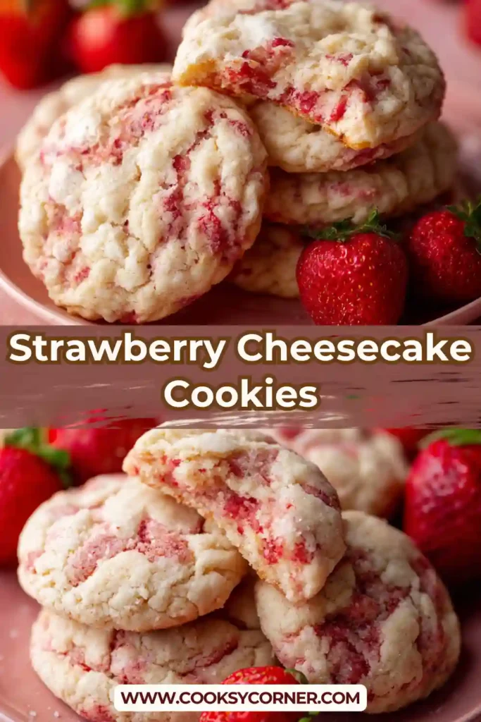 Homemade strawberry cheesecake cookies with golden edges.