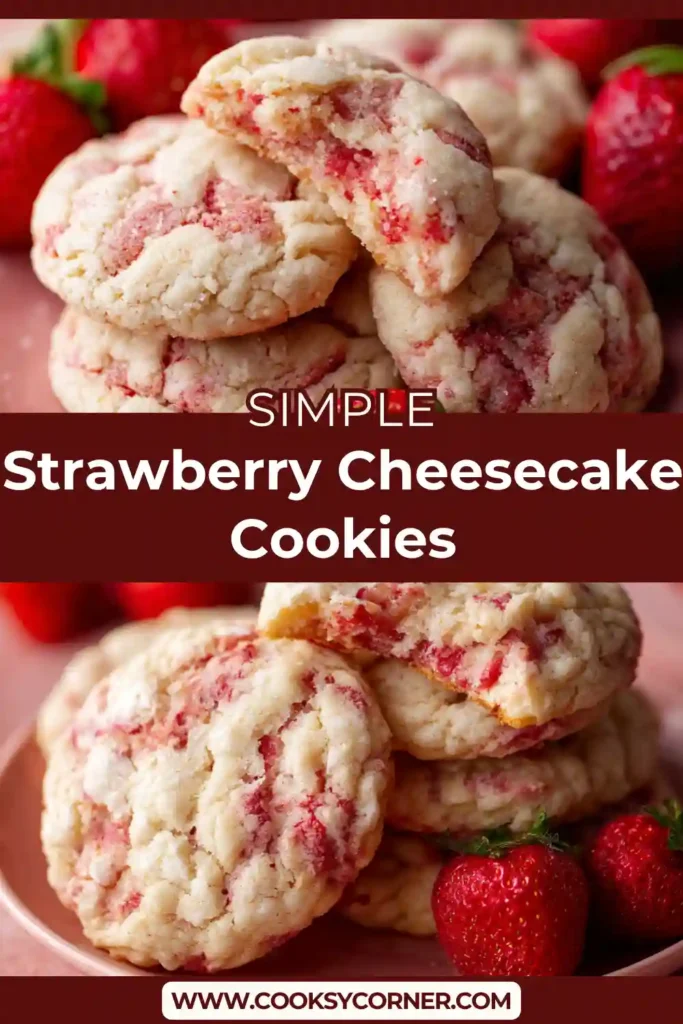 Strawberry cheesecake cookies with creamy filling and strawberry swirls.