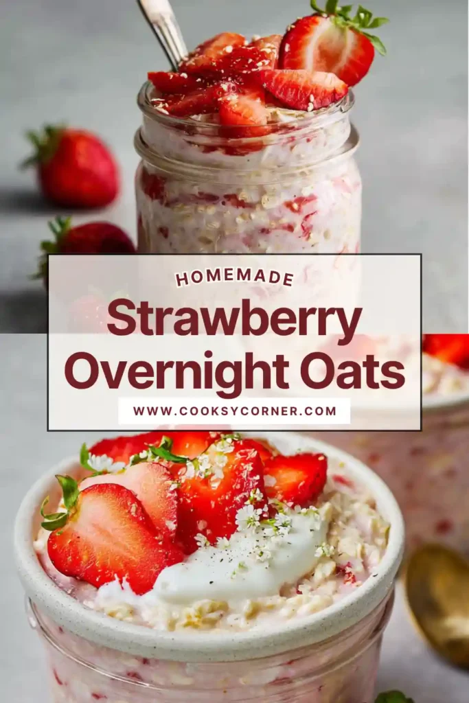 Close-up of strawberry overnight oats with yogurt and berry layers, highlighting a nutritious and easy meal prep breakfast.