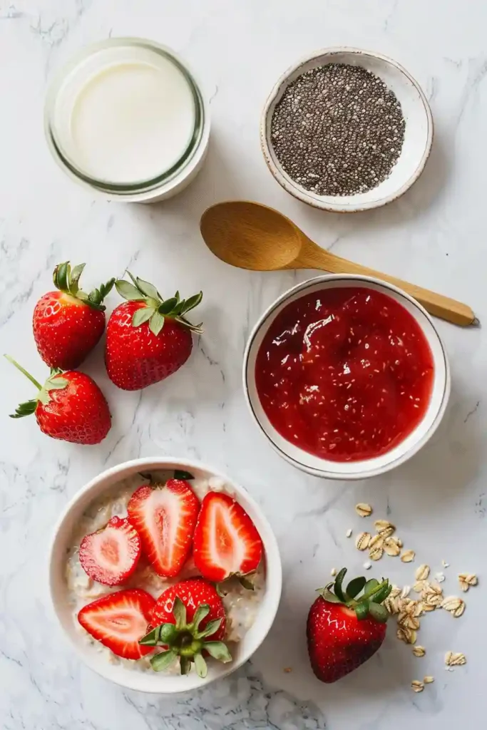 Creamy oats mixed with strawberries and chia seeds, served chilled as a healthy and refreshing breakfast.