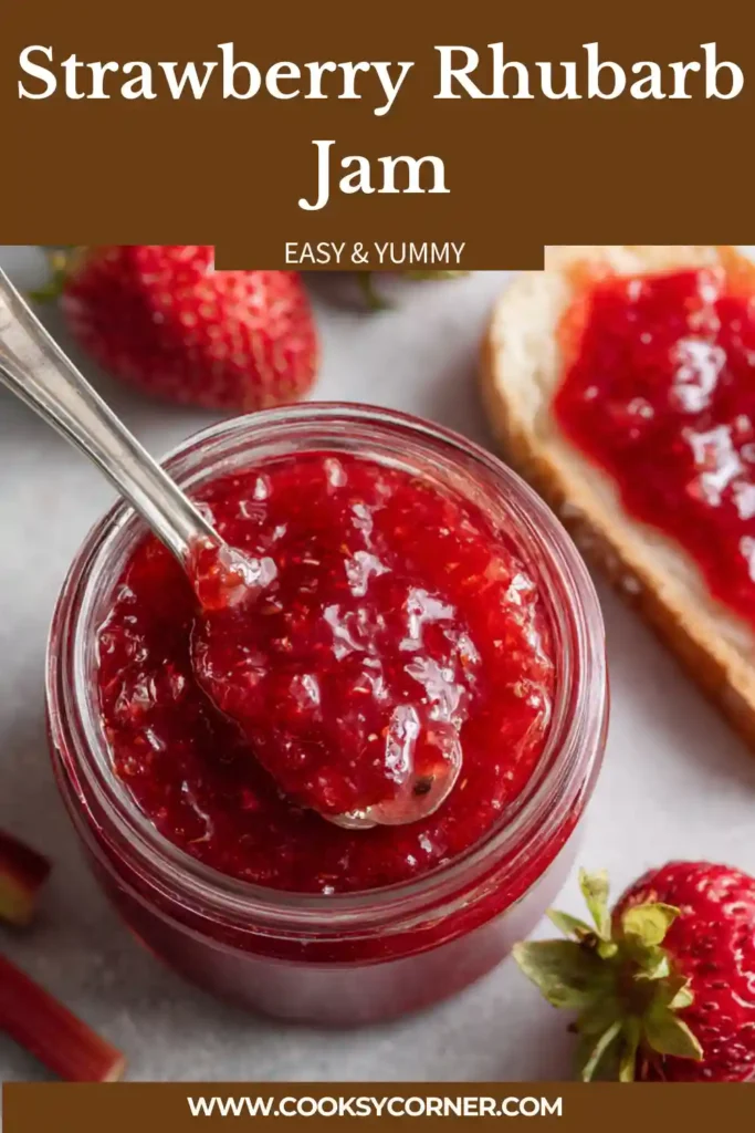 Jar of fruit jam with strawberries and rhubarb on the side. Fresh and vibrant look.