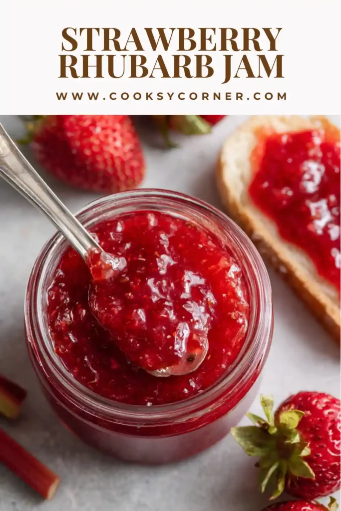 Strawberry rhubarb jam in a glass jar with fresh fruit nearby. Bright red and glossy texture.