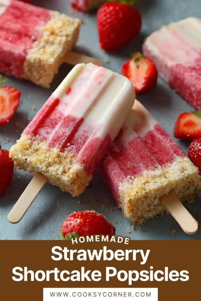 Strawberry shortcake popsicles with layers of yogurt and strawberry puree in a mold. Bright and refreshing dessert.