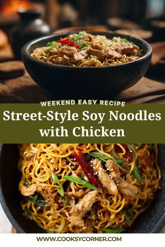 Close-up of chicken stir fry soy noodles with fresh vegetables and sesame garnish. The dish looks vibrant and freshly cooked.