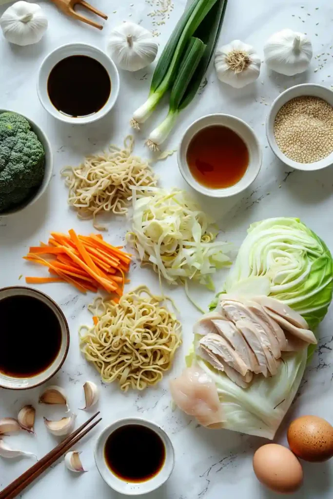 A bowl of street-style soy noodles with chicken, cabbage, and carrots tossed in a glossy soy sauce. The noodles appear rich and flavorful with sesame seeds on top.