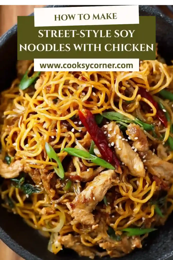 Asian-style soy noodles with tender chicken and crisp vegetables in a savory sauce. A perfect quick dinner meal presentation.