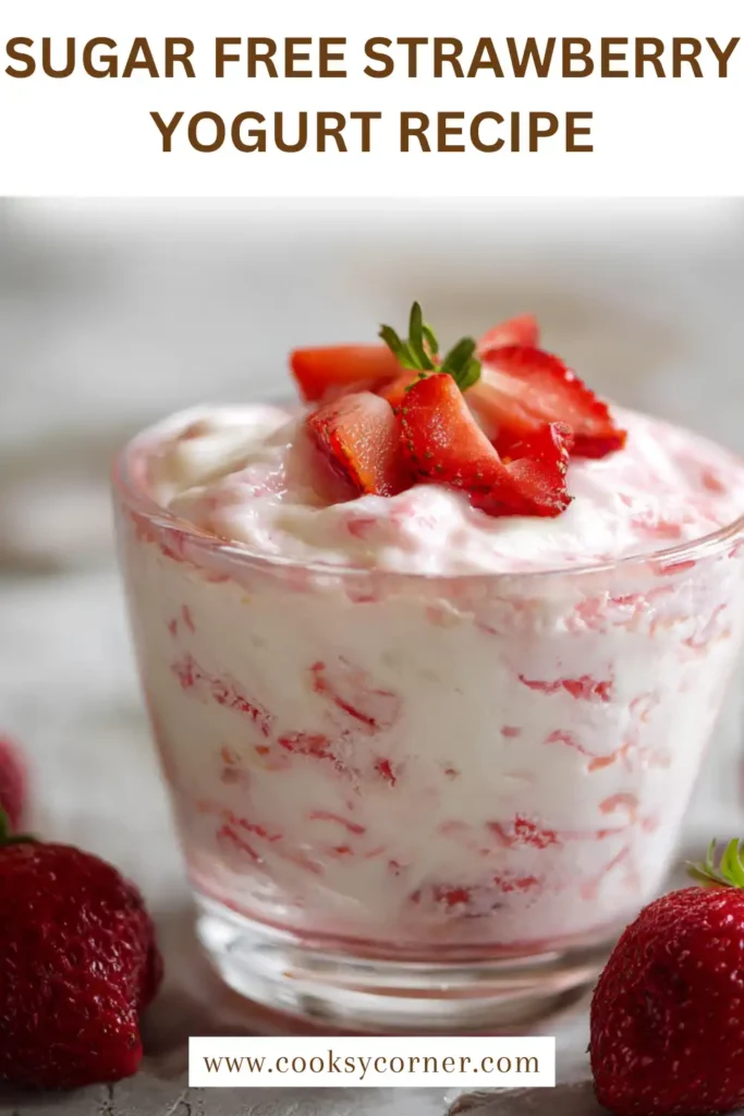 Homemade sugar free strawberry yogurt served chilled in a glass bowl with visible strawberry pieces.