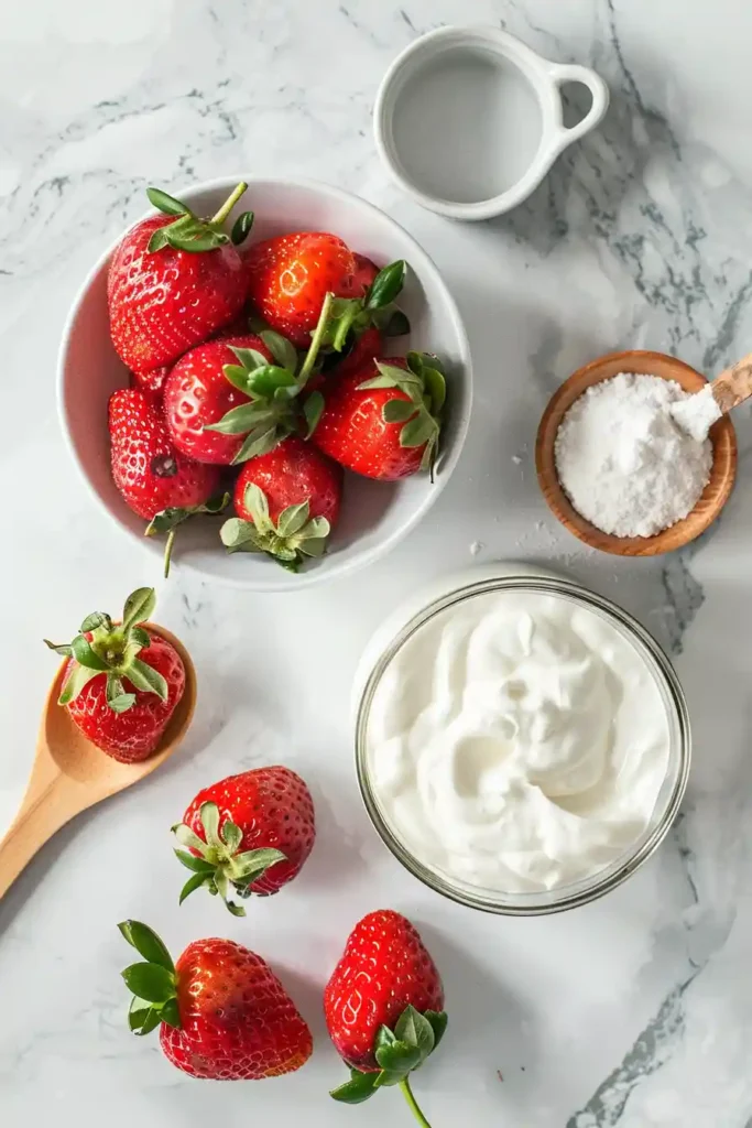 Creamy strawberry yogurt without sugar, garnished with fresh berries in a minimal setting.