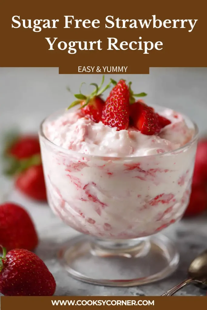 A glass of sugar free strawberry yogurt topped with fresh strawberries, showing creamy texture and natural color.