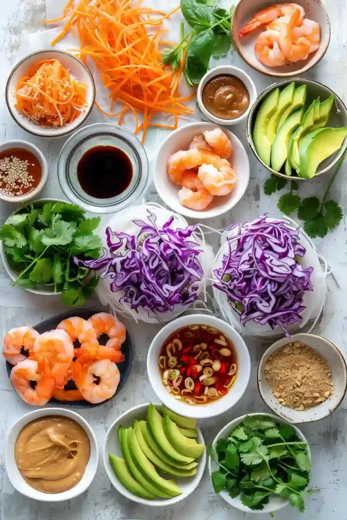 Overhead view of shrimp summer rolls with colorful fillings and creamy peanut hoisin sauce.