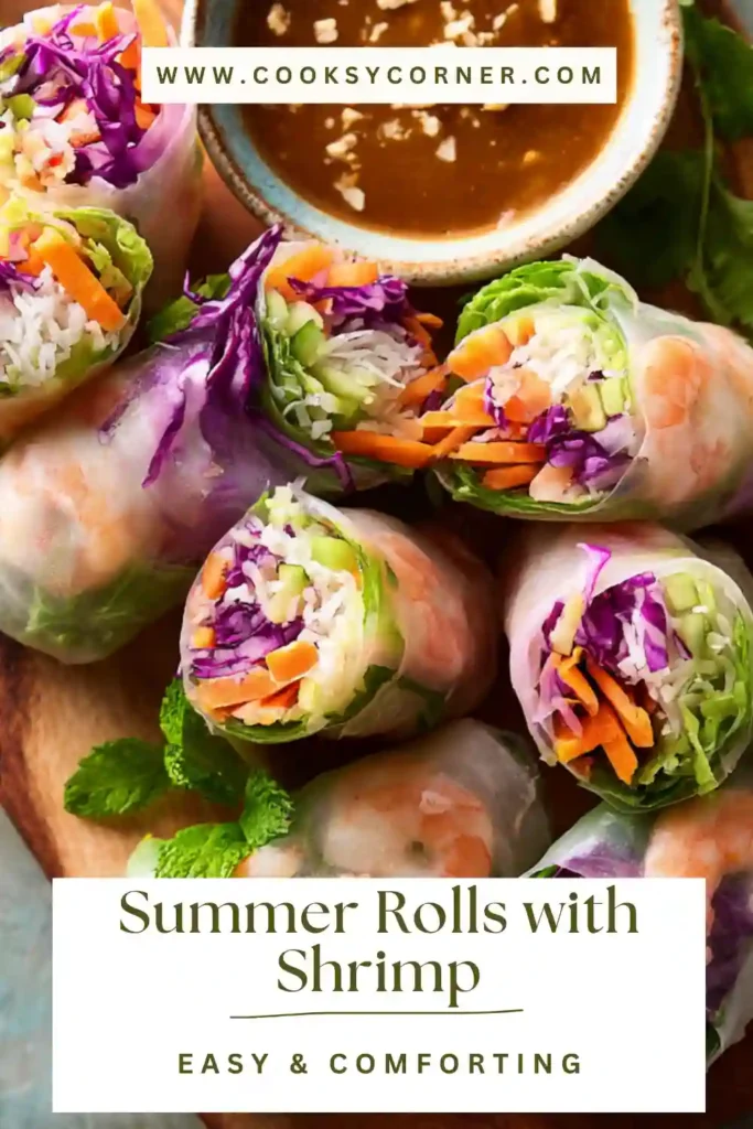 Summer Rolls with Shrimp filled with vegetables and herbs served with peanut dipping sauce on the side.