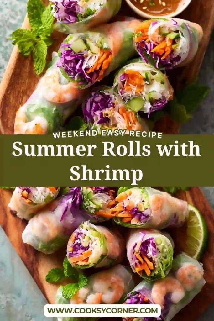 Close-up of summer rolls showing layers of shrimp, herbs, and vegetables inside translucent rice paper.