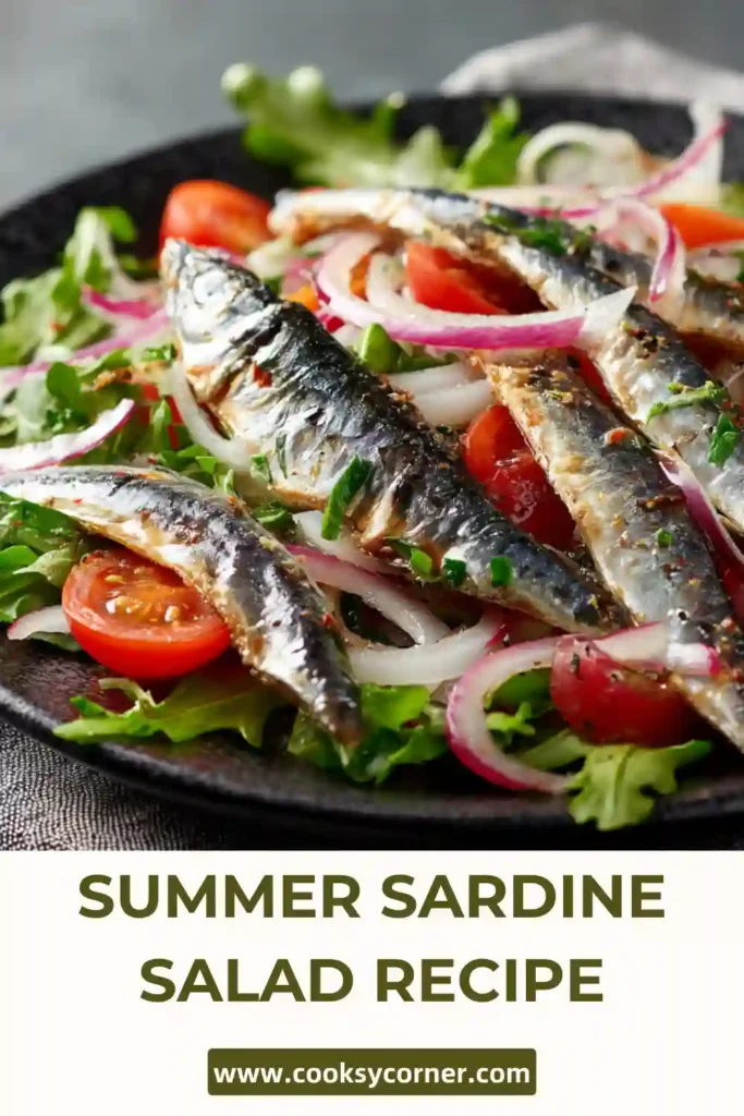 Healthy sardine salad bowl with crisp vegetables and olive oil dressing, perfect for a quick summer lunch.