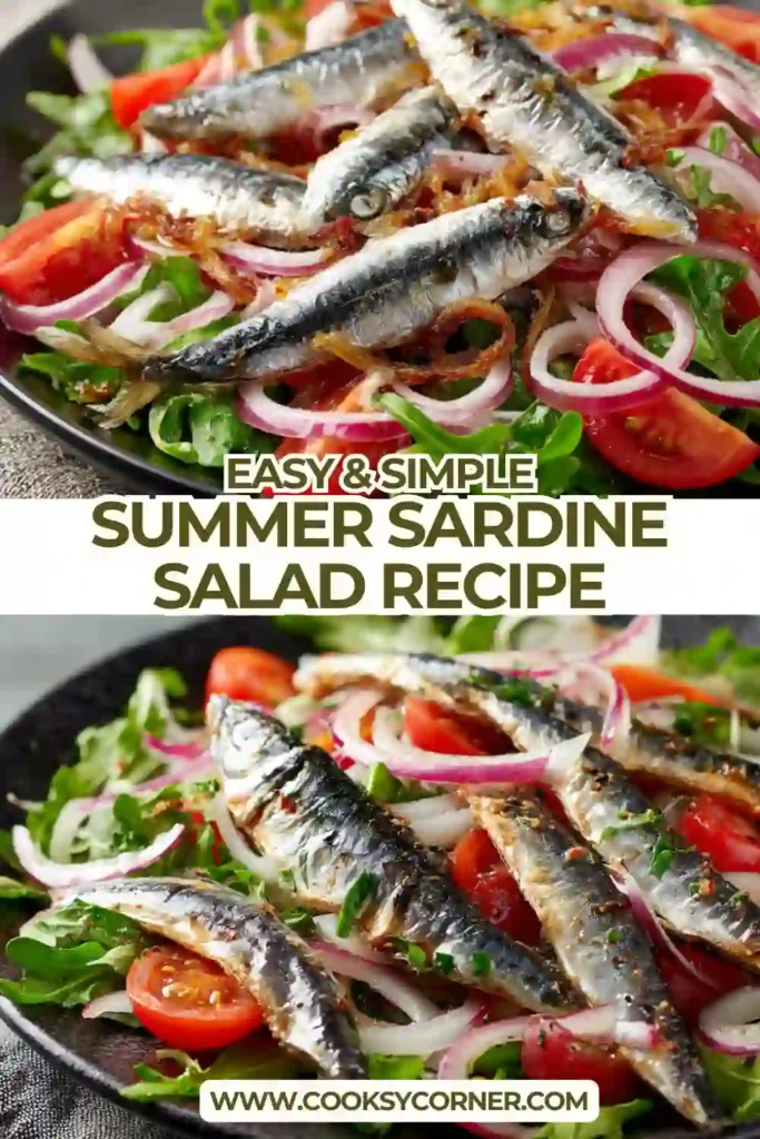 Close-up of sardine salad with parsley, red onion, and capers mixed with greens and citrus vinaigrette. A nutritious and colorful meal.