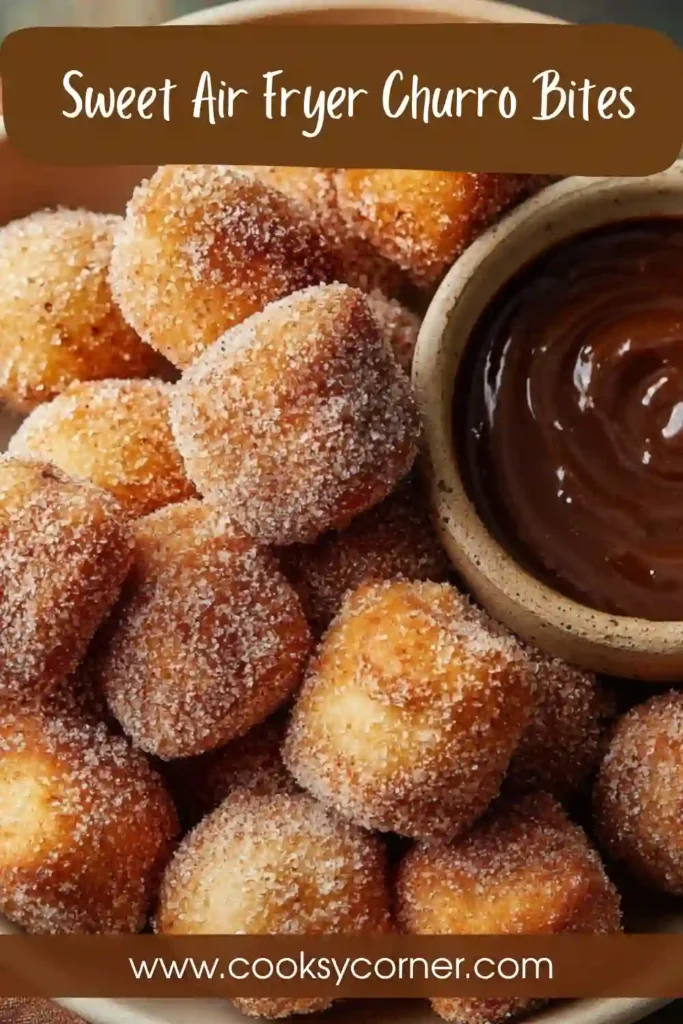 Freshly cooked sweet air fryer churro bites served warm with chocolate dipping sauce on the side.