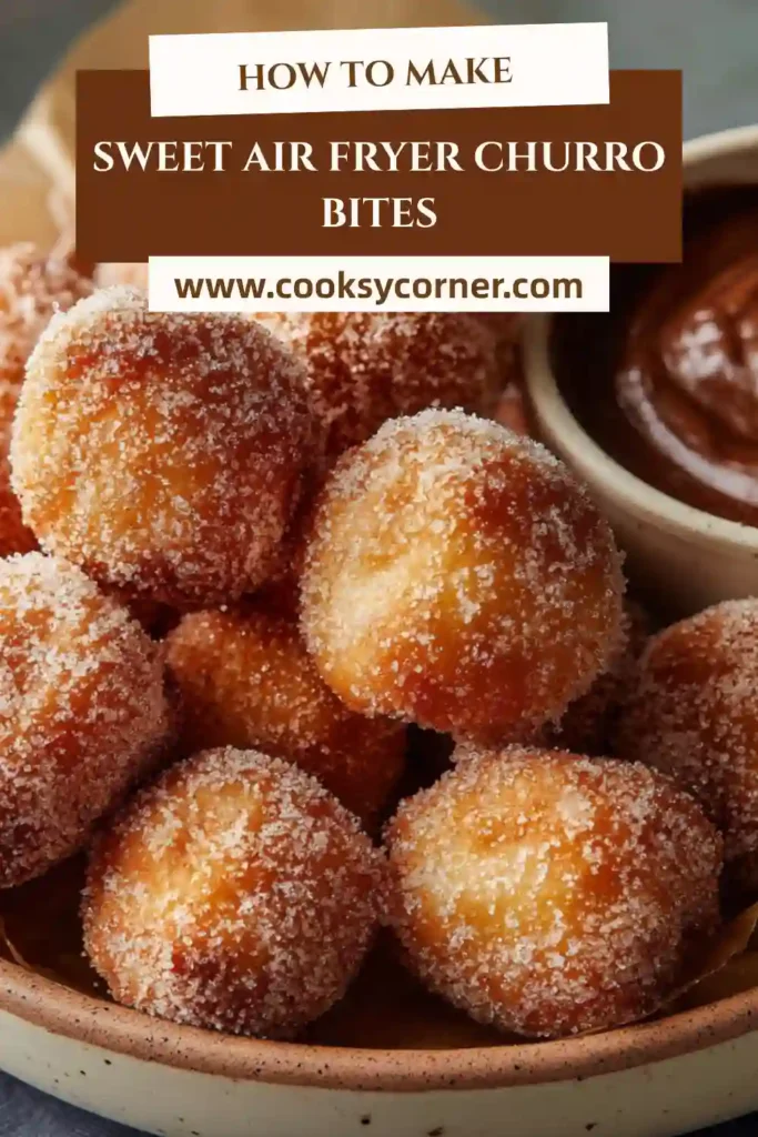 A bowl of golden sweet air fryer churro bites coated in cinnamon sugar, freshly made and crispy on the outside. Perfect homemade dessert.