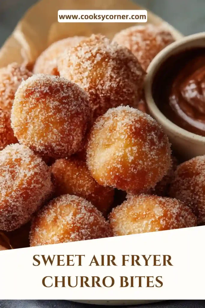 Close-up of air fryer churro bites with a crunchy cinnamon sugar coating, showing soft fluffy interior texture.