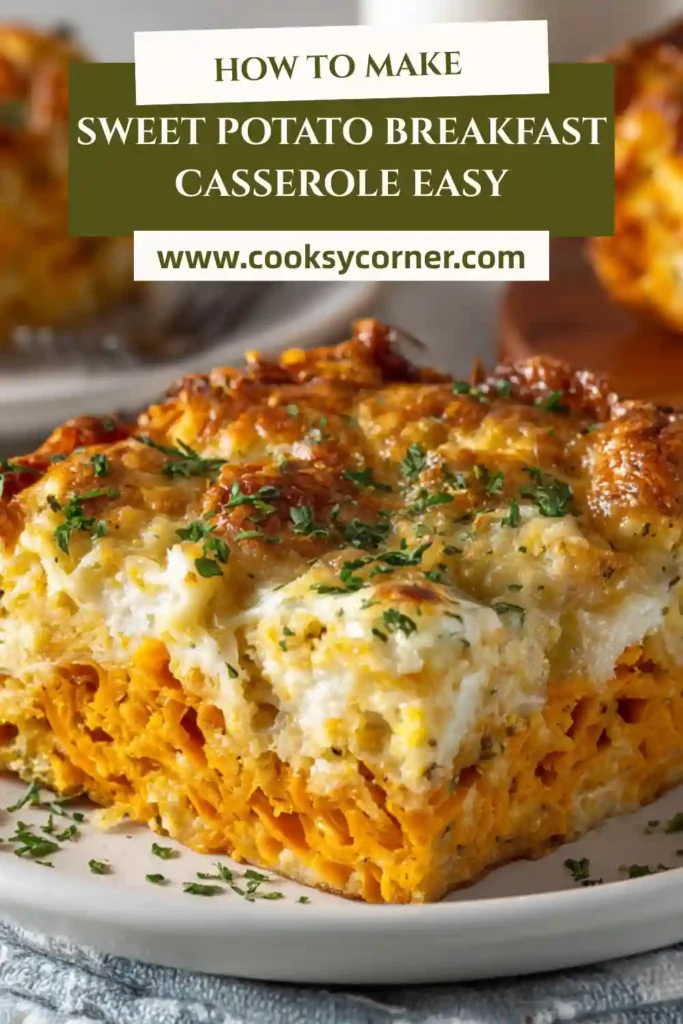 Healthy sweet potato breakfast casserole topped with avocado slices and fresh vegetables.