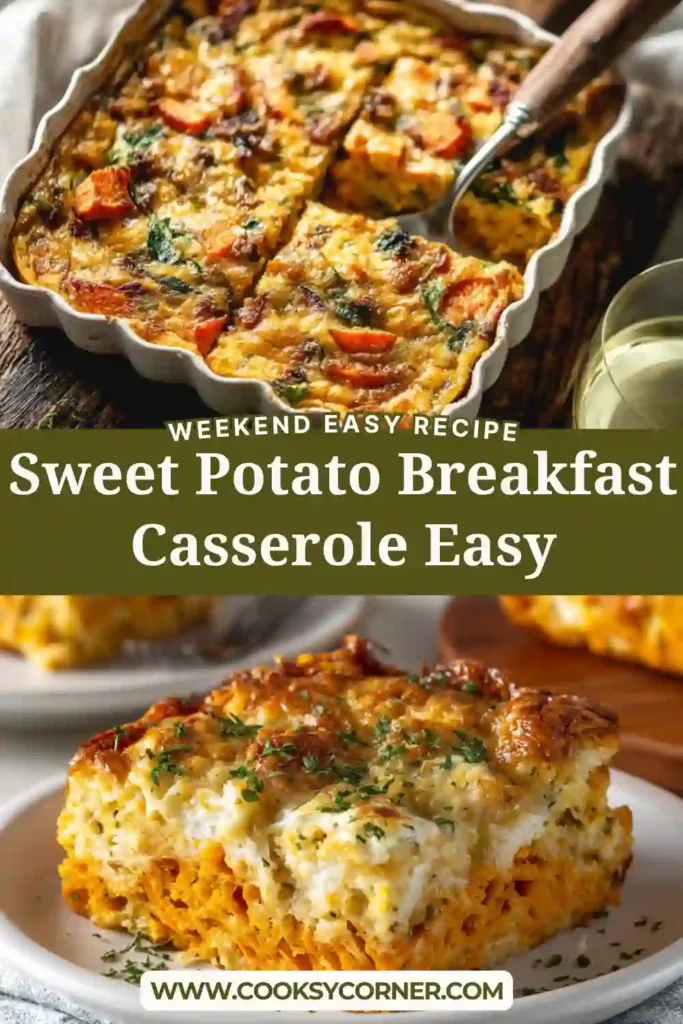 Homemade breakfast casserole with sweet potatoes and eggs, golden and freshly baked.