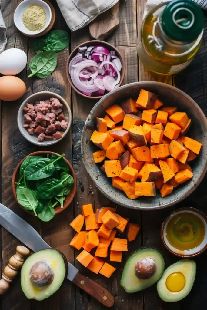 Close-up of a fluffy sweet potato egg casserole showing layers of vegetables and protein.