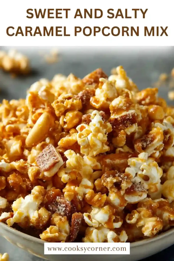 Homemade popcorn mix with caramel glaze and crunchy ingredients. Perfect party snack.