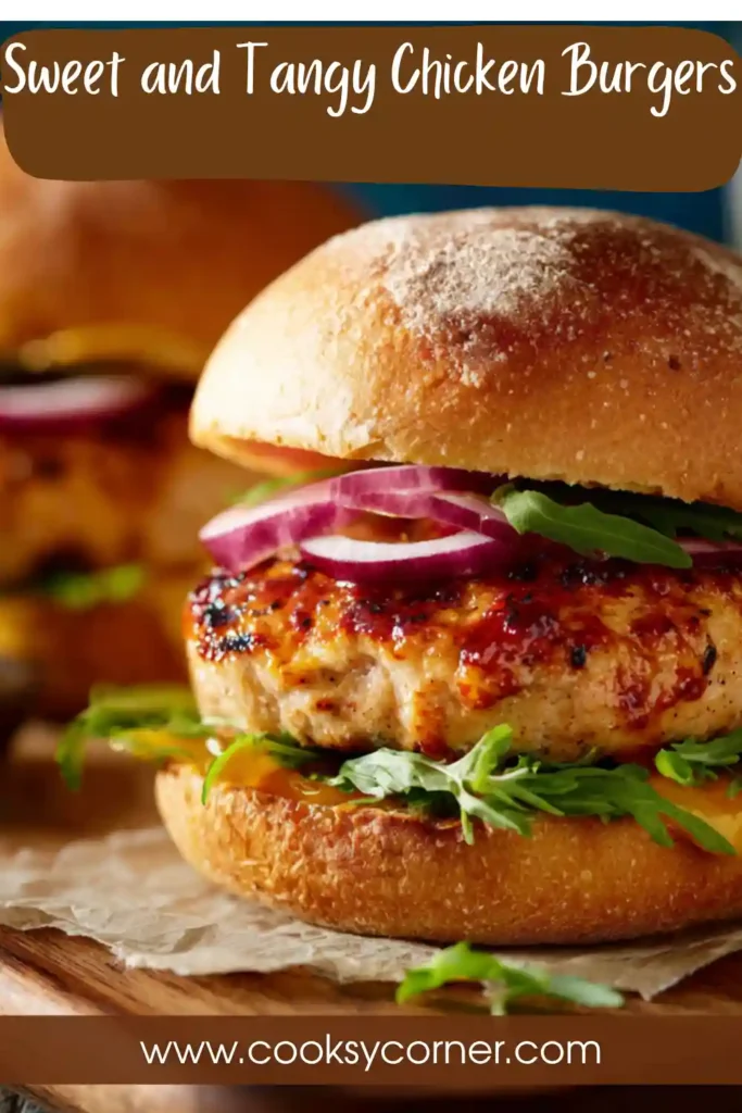 Close-up of homemade Sweet and Tangy Chicken Burgers topped with tomato, cucumber, and onion. The texture appears tender and well-cooked.
