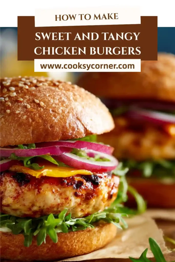 A plate of Sweet and Tangy Chicken Burgers with fresh toppings and toasted buns. The meal looks vibrant and appetizing.