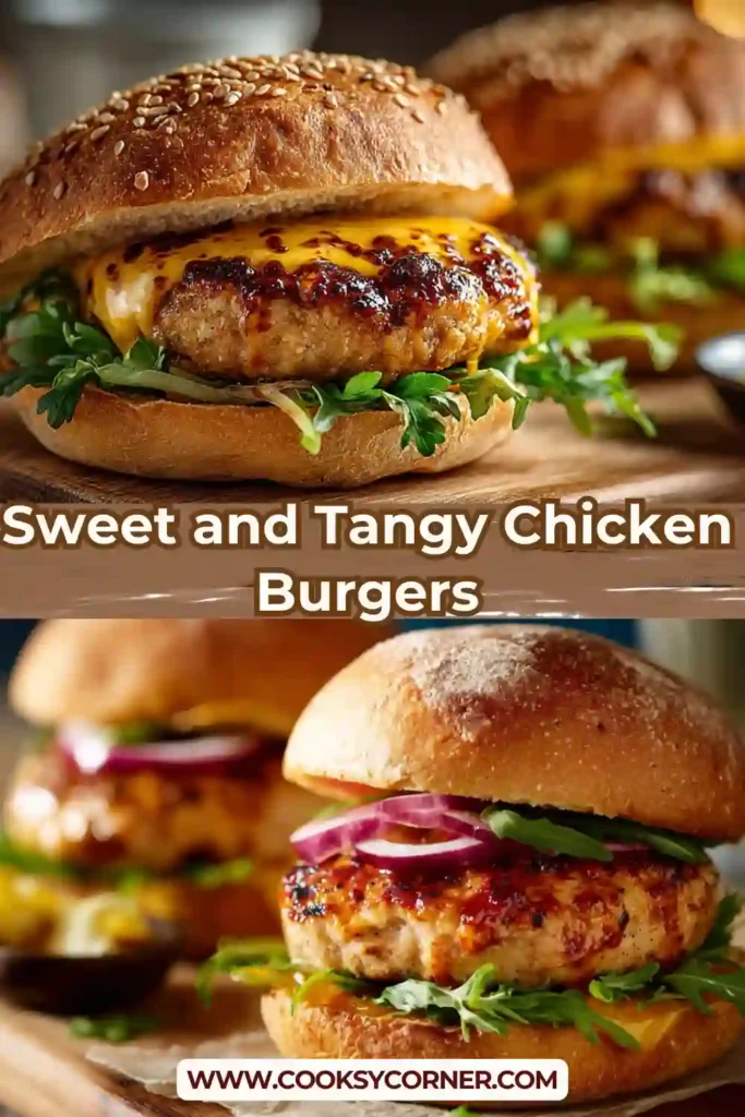 Juicy chicken burger patties brushed with tangy glaze and served with crisp vegetables in soft buns. Perfect for a healthy meal.