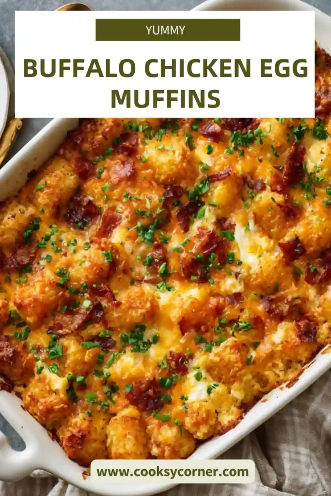 A slice of tater tot breakfast casserole served on a plate with layers of eggs, cheese, and crispy potatoes.