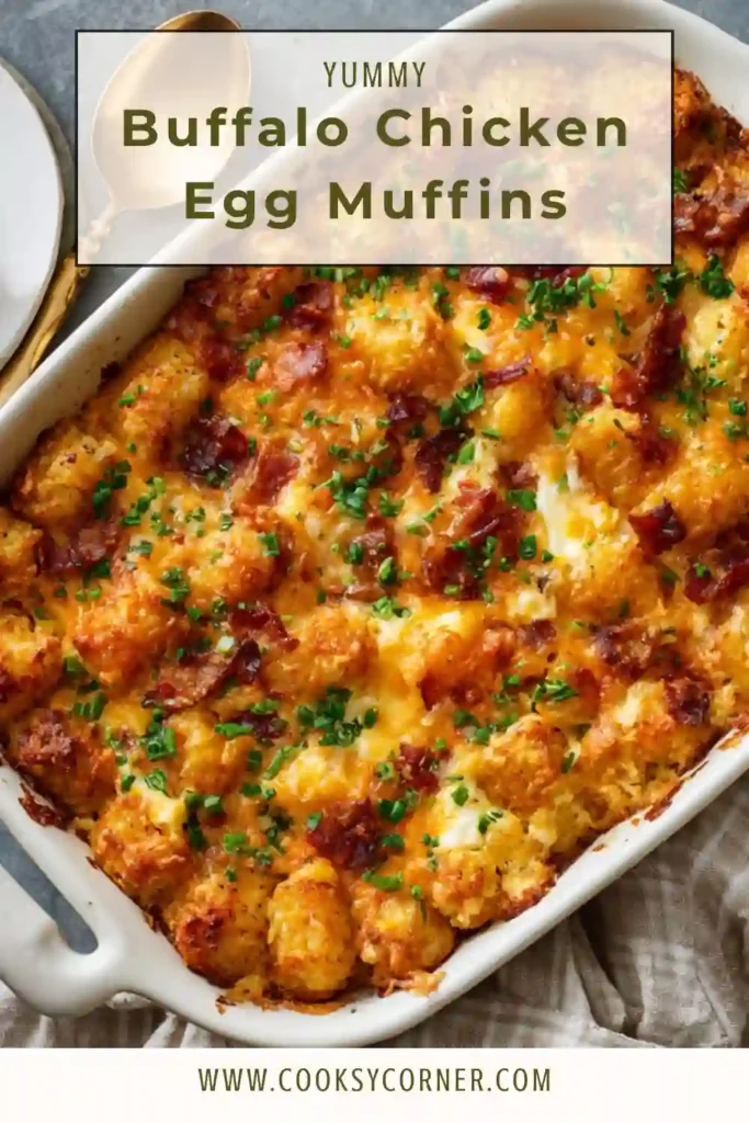 Close-up of breakfast casserole with tater tots, eggs, cheese, and beef sausage, showing a fluffy and crispy texture.