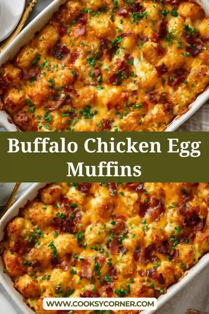 A baked tater tot breakfast casserole with golden crispy potatoes, melted cheese, and visible sausage pieces in a casserole dish.