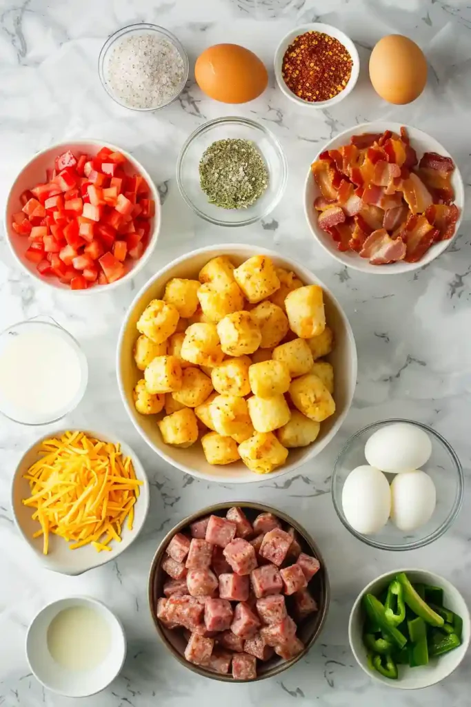Freshly baked breakfast casserole with golden tater tots and melted cheese on top, ready to serve.