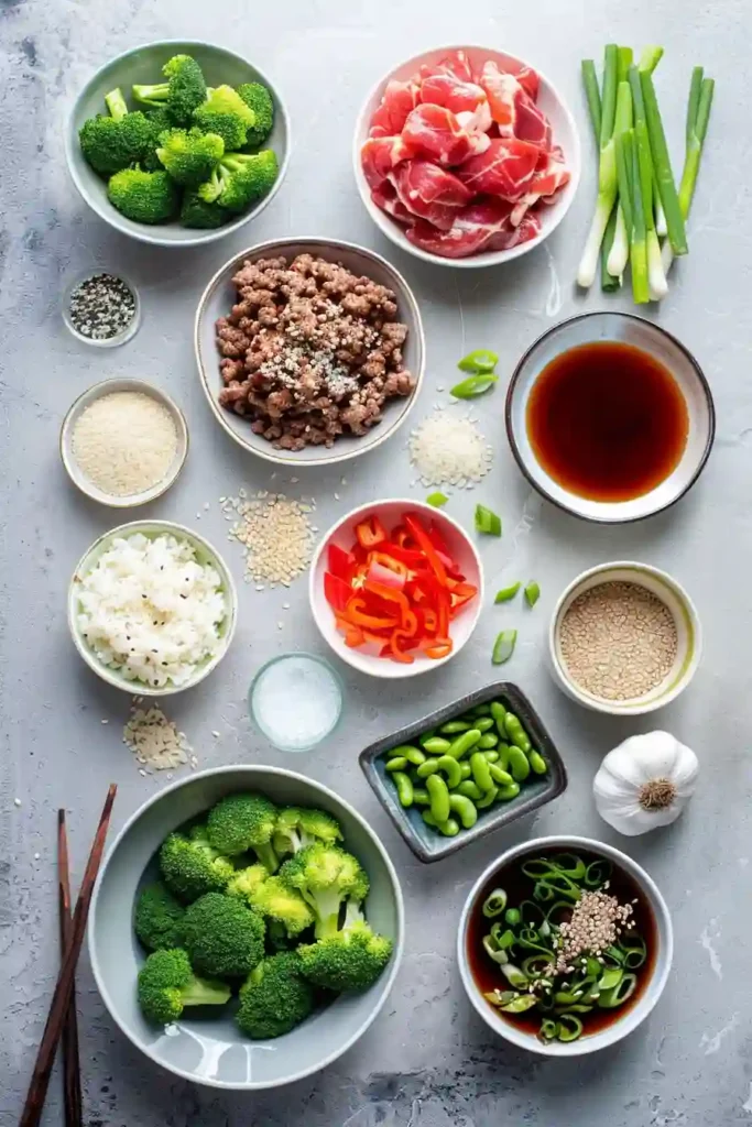 Homemade teriyaki beef bowls arranged with colorful vegetables and garnishes.