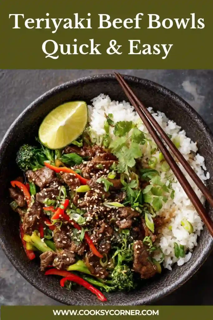 A bowl of teriyaki beef with rice, broccoli, and fresh vegetables topped with sesame seeds and green onions.