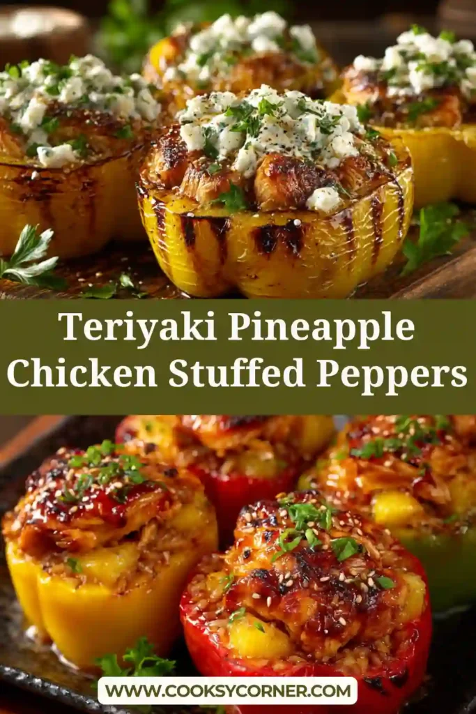 Close-up of baked stuffed peppers with melted cheese, sweet pineapple, and savory chicken filling.