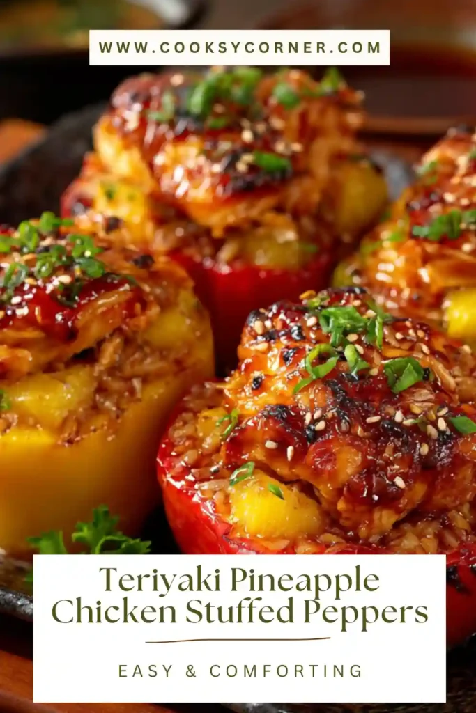 Colorful bell peppers stuffed with teriyaki chicken, pineapple chunks, and seasoned rice in a baking dish.