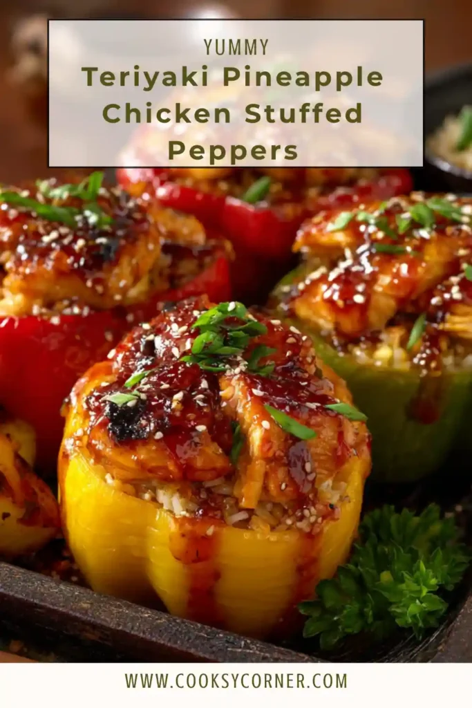 Teriyaki pineapple chicken stuffed peppers filled with rice and juicy chicken, baked until tender and topped with green onions and sesame seeds.
