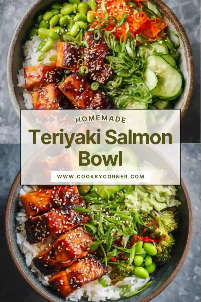 Air fryer teriyaki salmon served over jasmine rice with fresh vegetables. Vibrant and balanced dish.