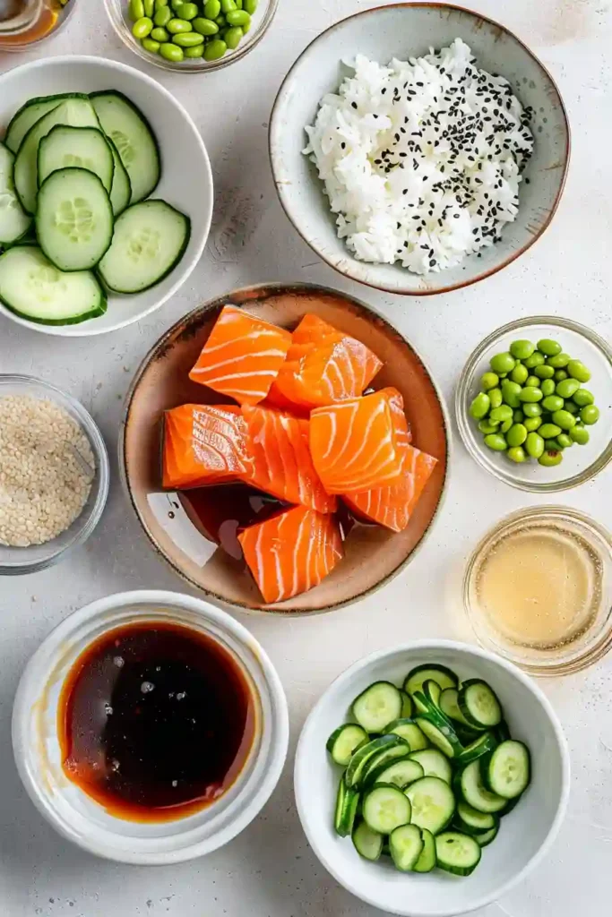 Homemade teriyaki salmon bowl with glossy sauce and perfectly cooked salmon cubes.