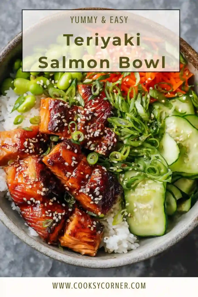 Teriyaki salmon bowl with rice, edamame, and cucumbers in a ceramic bowl. The salmon is glazed and caramelized.