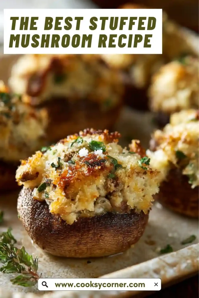 Baked stuffed mushrooms filled with creamy cheese and sausage on a tray. Golden brown and perfect as an appetizer.