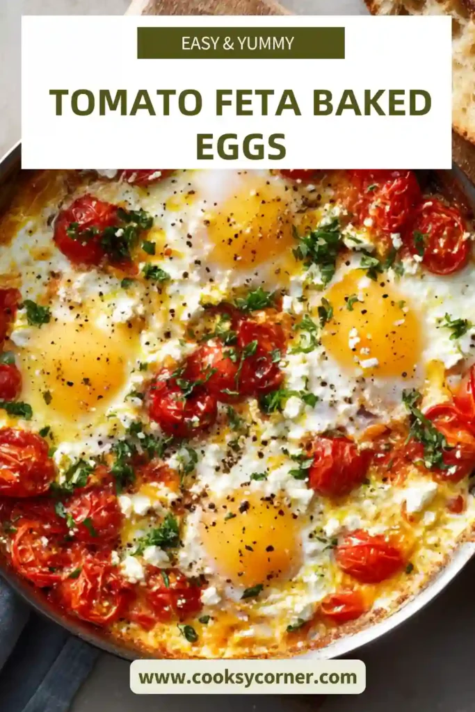 Mediterranean baked eggs with tomatoes and feta served with toasted bread.