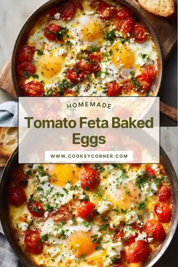 Close-up of baked eggs in tomato sauce with melted feta and herbs.